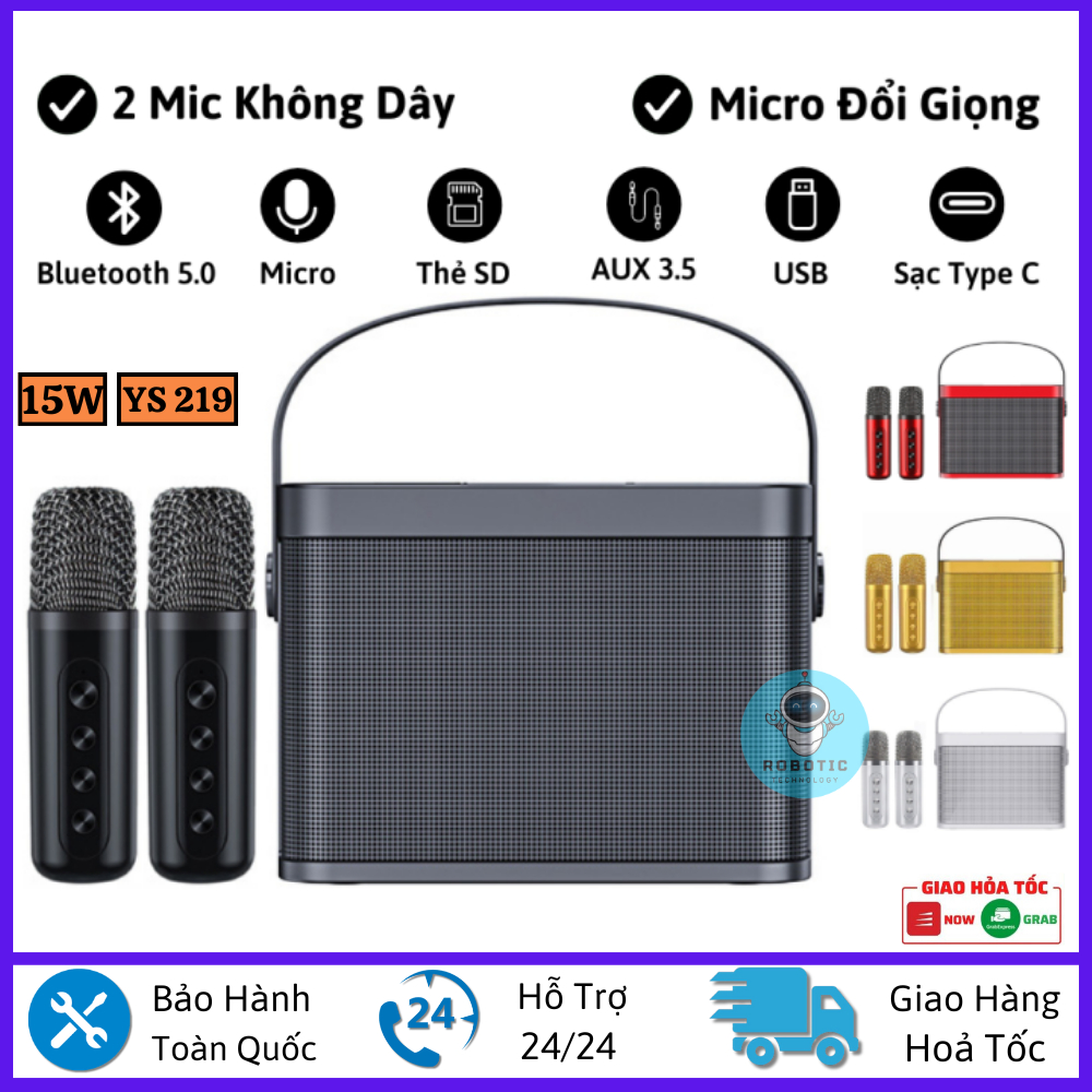 Loa Karaoke Kèm Micro Bluetooth YS-219 có 2 micro không dây, Âm Thanh Siêu Hay Thẻ nhớ TF USB cổng AUX 3.5