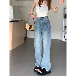 Quần jeans nữ ống suông denim xanh Hàn in hoạ tiết sơn, Quần jeans bò nữ denim