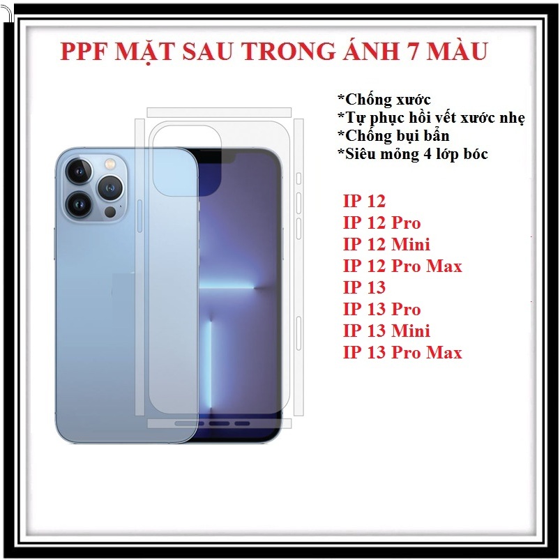 Dán PPF mặt sau 4 lớp trong suốt full viền IP 12 12 Pro 12 Mini 12 Pro Max IP 13 13 Pro 13 Mini 13 P