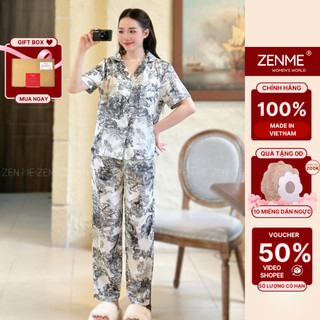 Đồ ngủ lụa latin nữ pijama form rộng Zenme, bộ mặc nhà tay ngắn quần dài thoáng mát, họa tiết hoa PJD1223
