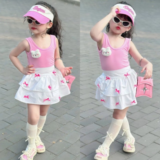 Váy bé gái,Sét thỏ hồng - váy trắng nơ kèm mũ cho bé 10 đến 30kg