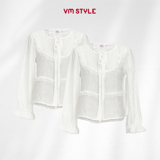 Áo sơ mi kiểu nữ VMSTYLE, Áo công sở trắng phối ren tay loe nữ tính đi học, đi làm 0300340 ASU00545
