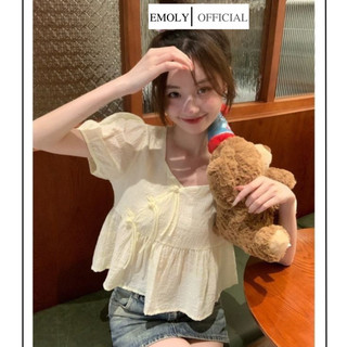 Áo babydoll dáng ngắn, áo sơ mi nữ, áo croptop cổ tròn phối cúc cài chéo tay phồng thời trang nữ