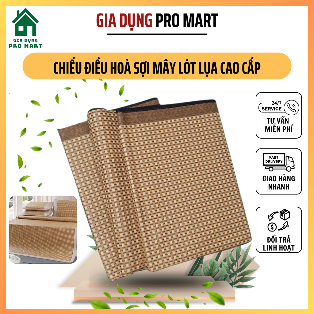 Chiếu Điều Hoà Sợi Mây Lót Lụa Cao Cấp, Chiếu Điều Hòa Gấp Gọn,Chiếu Mát, Chiếu Tre