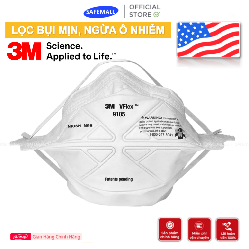 Khẩu trang 3M 9105 Vflex tiêu chuẩn N95 NIOSH Mỹ, lọc bui siêu mịn PM2.5, chống ô nhiễm SAFEMALL