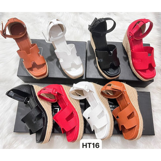 Giày Sandal đế xuồng cao 9cm quai ngang H và quai hậu da xước khoá bọc da mang êm nhẹ