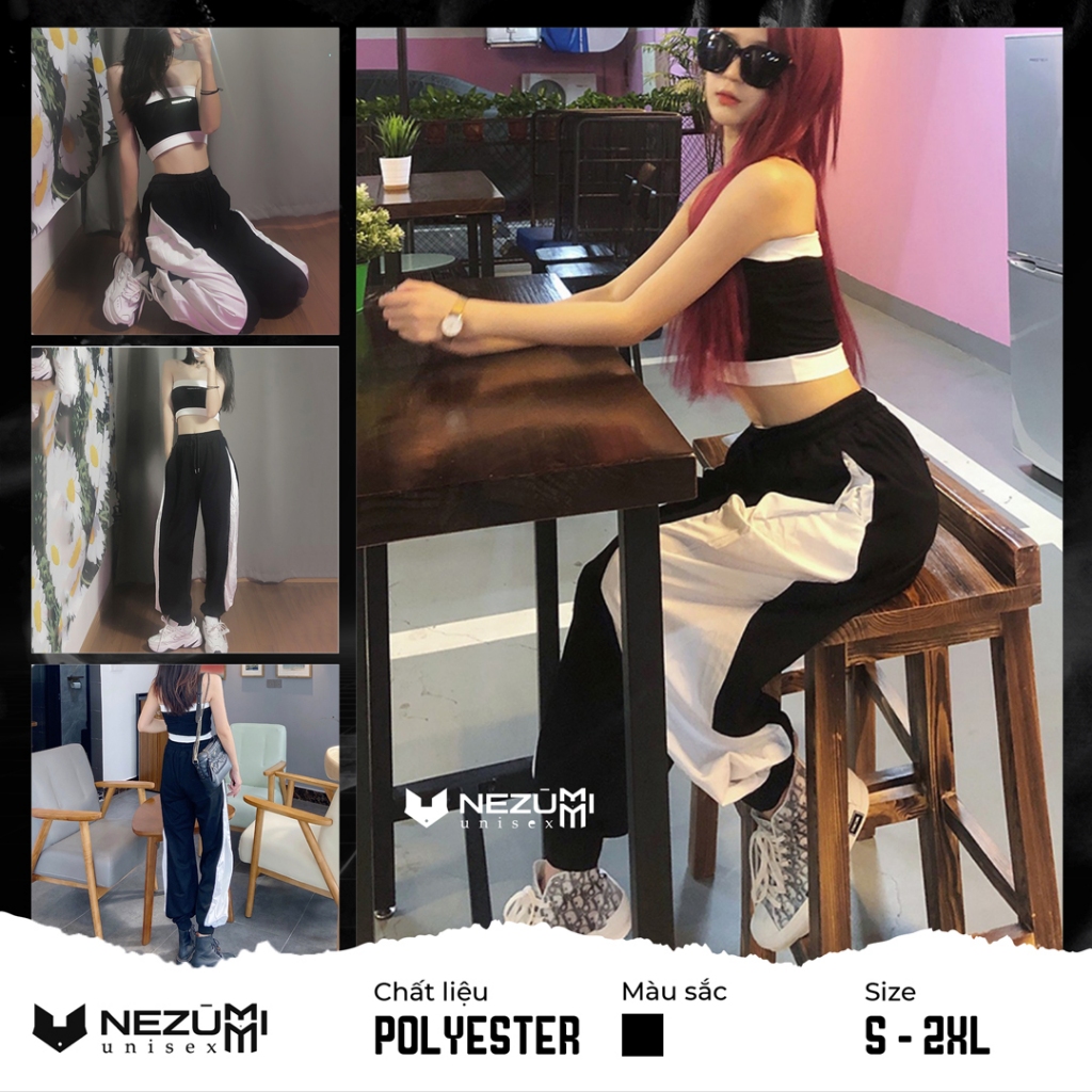 (Sẵn Đen_Ảnh thật) Quần jogger suông ống rộng phối đen line trắng hiphop dance, gym