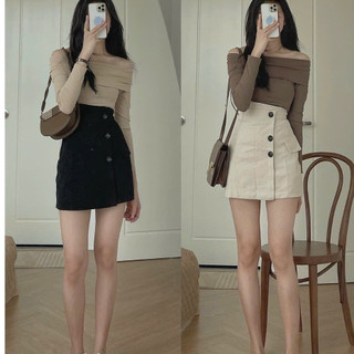 Áo trễ vai vạt gập, Áo gân tăm Hàn Quốc dài tay body dáng ôm