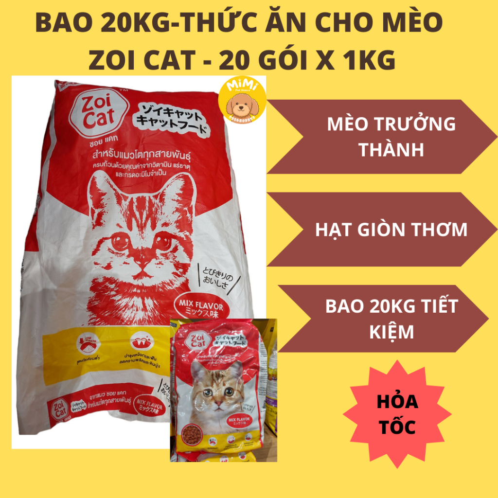 [Bao 20kg] Thức ăn hạt cho mèo trưởng thành Zoi Cat gói 1kg (20 gói bên trong, mỗi gói 1kg) - 20 gói