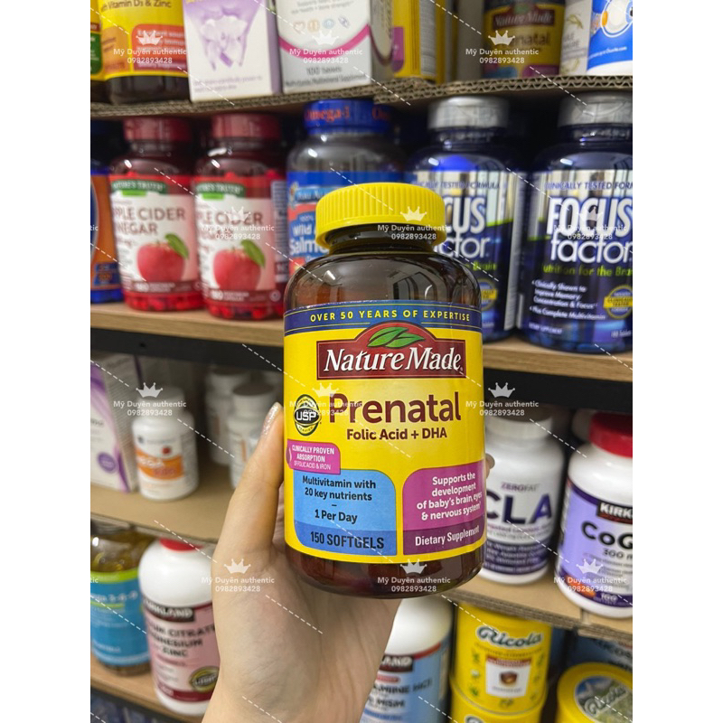 Vitamin tổng hợp cho bà bầu Nature Made Prenatal Folic + DHA 150 viên,Bổ bầu Prenatal Của Mỹ