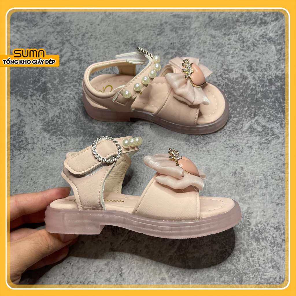 Dép Sandal Quai Đính Ngọc Khoá Đá Nơ Tim Vương Miện Lấp Lánh Cho Bé Gái 0-4 tuổi, Dép Sandal Cho Bé 
