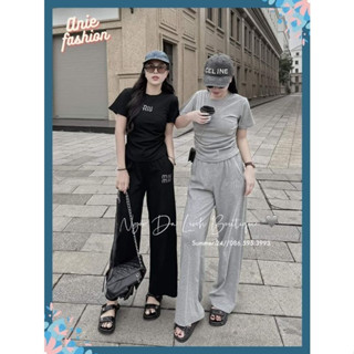 set bộ nữ họa tiết MIU MIU bộ đồ nữ chất tăm bo rúm eo phối quần suông ống rộng Anie B935