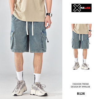 Quần short jean nam túi hộp cạp chun Xmalab quần đùi bò lửng nam ống rộng dây chun cargo pant B126