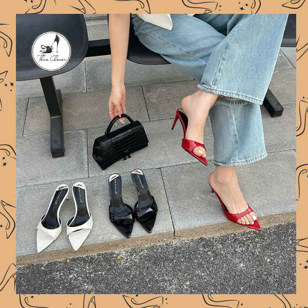 (7CM) Guốc cao gót mũi nhọn da bóng thời thượng -7cm-3 màu-Đen-Trắng-Đỏ-THAO CLOVER-DXF-M17-3