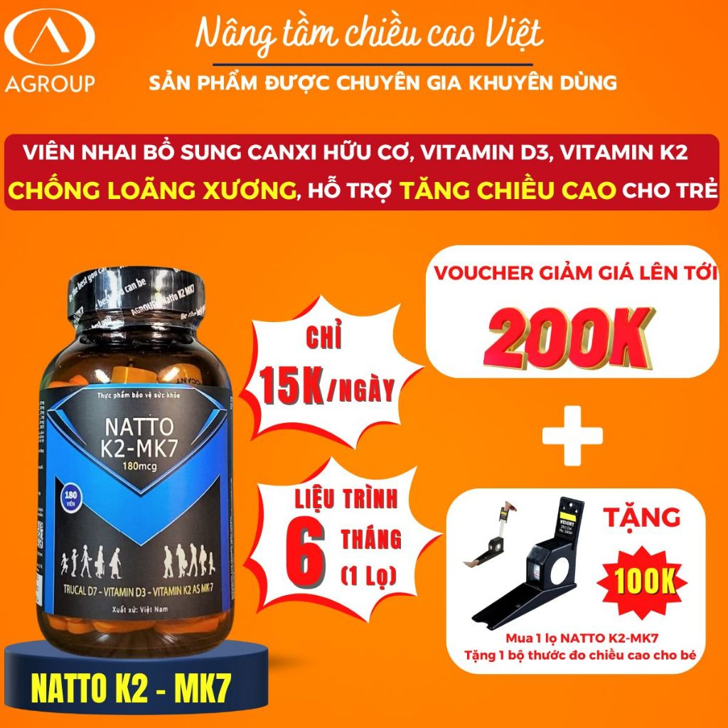 Viên nhai Nattok2-MK7 180mcg bổ sung Canxi hữu cơ, Vitamin D3, Vitamin K2 hỗ trợ tăng chiều cao cho trẻ
