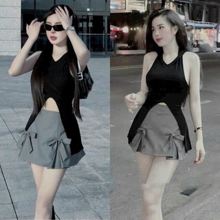 Set Đầm Váy Nữ. Áo Thun Gân Không Tay Xẻ Tà Kèm Chân Váy  Phối Nơ Xinh Xắn Dễ Thương Phù Hợp Đi Chơi, Đi Tiệc
