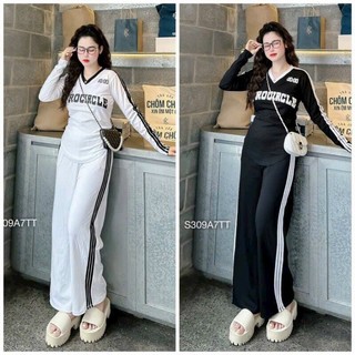 Set Bộ Nữ. Áo Thun Tay Dài In Chữ Kèm Quần Dáng Dài Ống Rộng Phối Viền Nhẹ Nhàng Dễ Thương Phù Hợp Mặc Hằng Ngày,Đi Choi