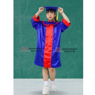 Bộ áo mũ dự lễ tốt nghiệp, cử nhân mầm non cho bé trai, bé gái màu xanh bích phối đỏ tươi