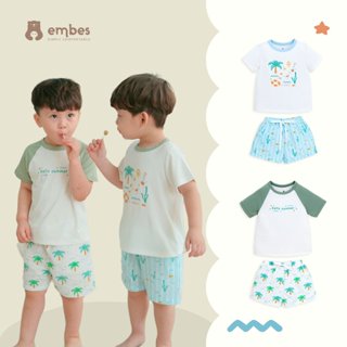 Bộ Cộc Tay Bé Trai Embes, Bộ Quần Áo Họa Tiết Cây Dừa, Sanho, Chất Thoáng Mát Cho Bé Từ 8kg - 19kg