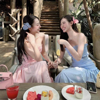 Đầm váy cúp ngực đính nơ co dáng dáng maxi 2 màu XANH BIỂN HỒNG đi biển đi chơi mùa hè, Đầm đi biển nữ cao cấp TỰ MAY