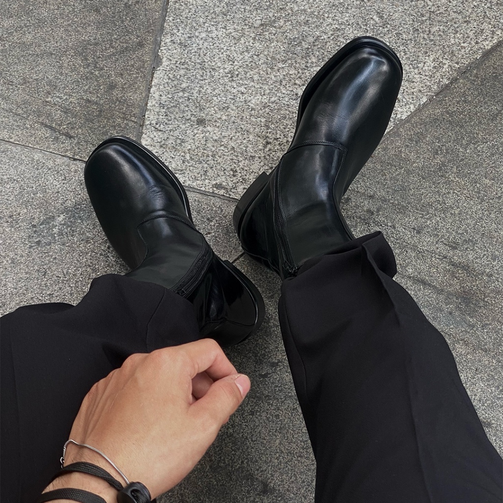 Giày Boots Nam TARMOR Dây Kéo Màu Đen Mũi Vuông Da Thật Zipper Boots With Square Toes In Black Leather