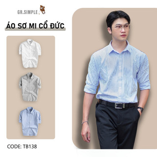 Áo Sơ Mi Dài Tay Nam Cổ Đức (3 Màu) GRSIMPLE Chất OXFORD Kẻ Sọc Xanh, thoáng mát, trẻ trung (TB138)