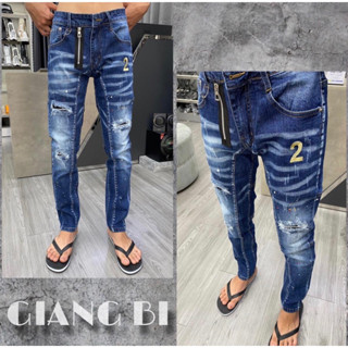 Quần dsq2 biker thêu số 2 khoác lệch,quần bò dsq2 thêu số 2 khoá lệch rách nhẹ