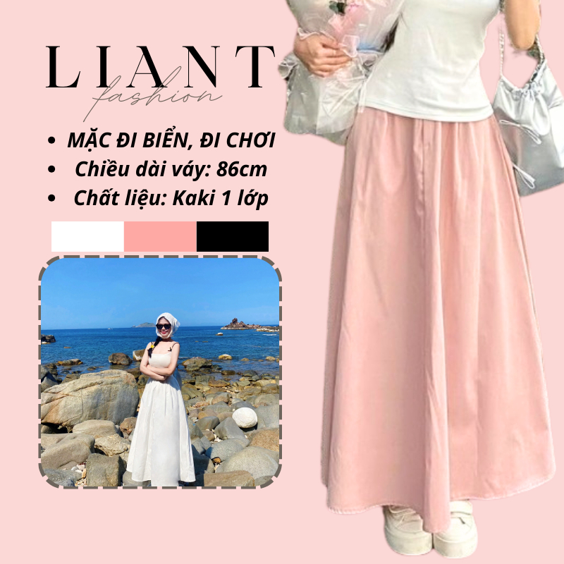 [LA12] Chân váy xếp ly dài LIANT chất Kaki 1 lớp phong cách retro màu hồng, đen, trắng, váy dáng dài lưng chun cạp cao