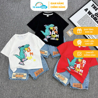  Set đồ bé trai áo Cotton cổ tròn Y100 quần jean short lửng thời trang Hàn Quốc hình khủng long trẻ em 1-7 tuổi  9-24kg  