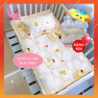 Bộ nệm cho bé tencel 60s cao cấp bóng mượt mát lạnh, gối gòn lông vũ êm ái, phù hợp 3-10 tuổi