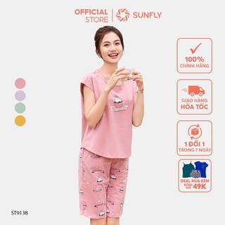 Đồ bộ mặc nhà SUNFLY chất cotton hoạ tiết in dáng áo tay chờm quần trên gối ST9138