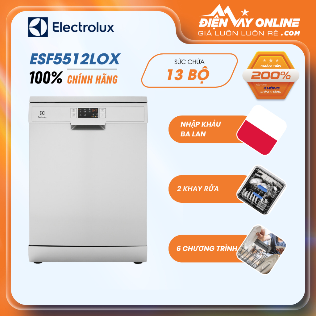 [HÀNG TRƯNG BÀY] Máy Rửa Chén Độc Lập Electrolux ESF5512LOX - 13 Bộ - Hàng chính hãng
