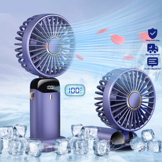 Quạt cầm tay mini tích điện gấp gọn 5 tốc độ gió xoay linh hoạt 90 độ có dây đeo.
