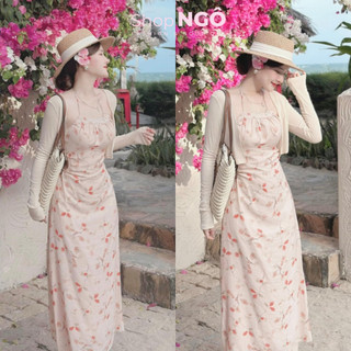  Đầm váy nữ mặc đi chơi biển chất lụa hoa hai dây dáng dài có mút kèm khoác ngắn tăm giấy siêu xinh bánh bèo 