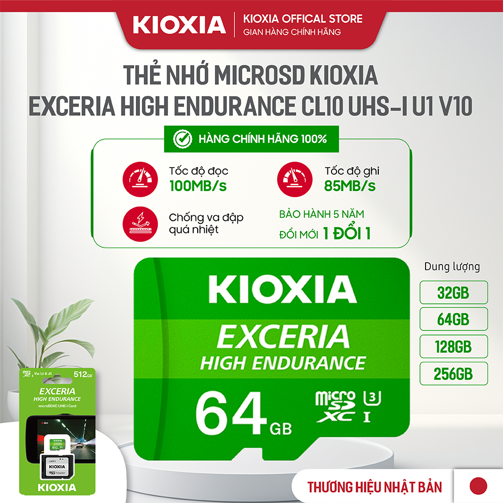 Thẻ nhớ KIOXIA 256Gb / 128Gb / 64Gb / 32Gb HIGH ENDURANCE CL10 UHS-I U3 V30 đọc 100mb/s, ghi 65mb/s - Hàng Chính Hãng