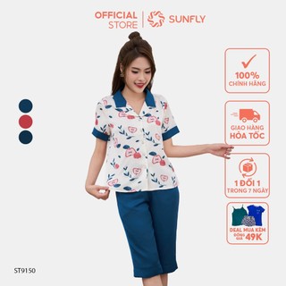 Bộ pijamas nữ SUNFLY chất lụa satin hoạ tiết trái táo áo cộc quần ngố ST9150