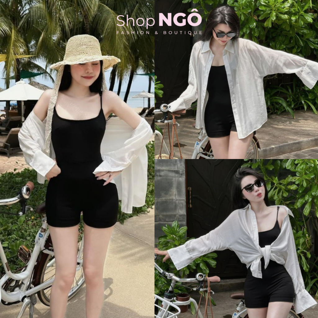 Jumpsuit ngắn - Jumpsuit nữ mặc đi biển du lịch Jum đùi đen 2 dây kèm khoác sơ mi đũi vân mây basic tôn dáng cho nàng