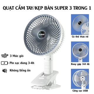 Quạt cầm tay kẹp bàn 3 trong 1 tích điện SUPER 3 tốc độ gió siêu mát - Quạt tích điện để bàn có giá đỡ điện thoại