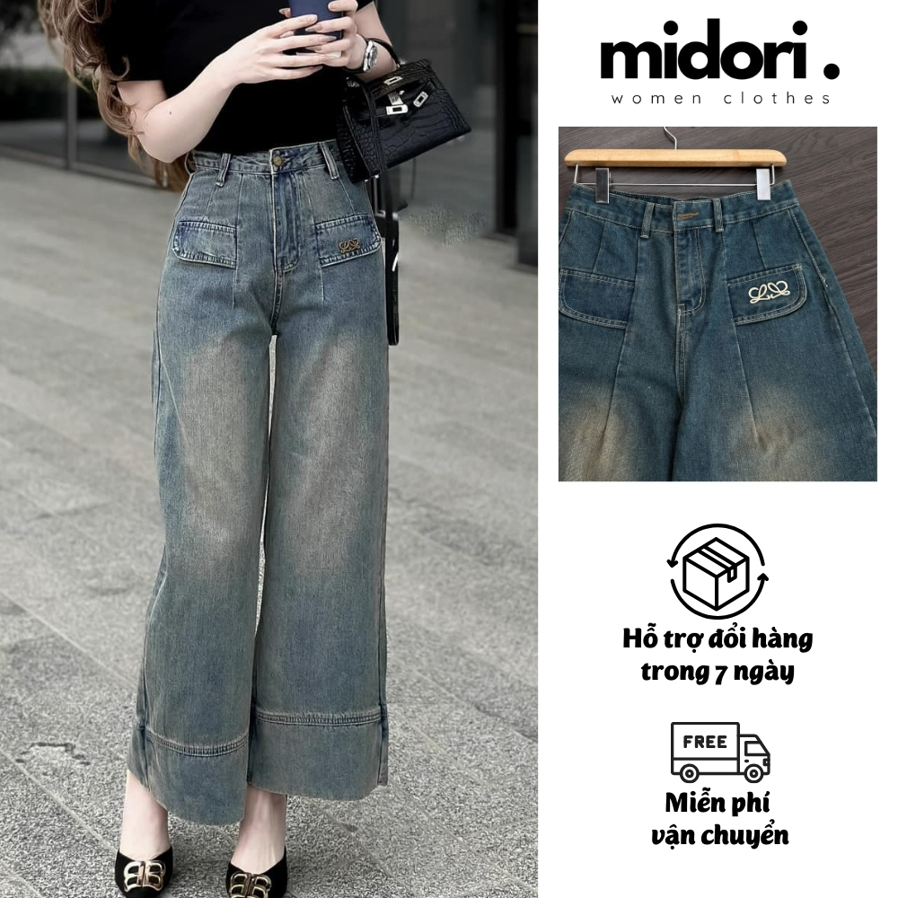 Quần bò jean ống rộng lưng cao MS08, Quần jean nữ ống rộng lên dáng siêu xinh, họa tiết thêu độc đáo