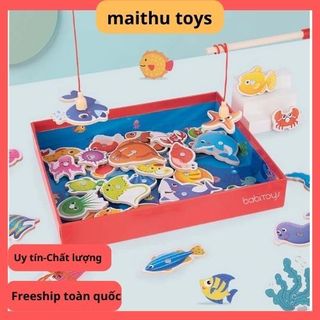 Đồ chơi câu cá gỗ nam châm 34 sinh vật biển bằng gỗ - Bộ câu cá vui nhộn 2 cần câu nam châm và 34 sinh vật biển