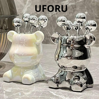 Bộ dĩa ăn trái cây uforu cao cấp, 6 nĩa ăn hoa quả 6 chiếc kèm hộp đựng hình gấu sang trọng hiện đại UF071