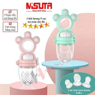Túi tập Nhai trái cây ăn dặm Cho Bé chống hóc Misuta cao cấp với 3 núm nhai đủ size, có nút xoay vặn ép thức ăn