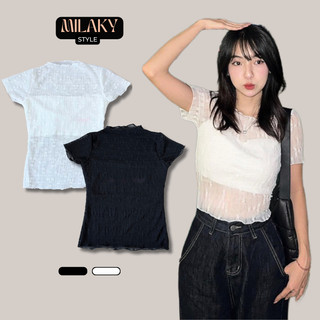 Áo nữ kiểu tay ngắn, Áo kiểu ren hoa phong cách xuyên thấu đan nơ sau xinh xắn in hoa nổi gợi cảm MILAKY A004