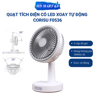 Quạt tích điện xoay tự động CORISU F0536 ba chế độ gió kèm LED, dung lượng pin lớn 3600mAh - Bảo hành 12 tháng