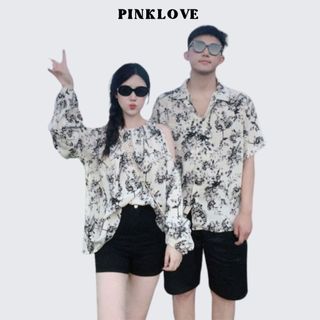 Đồ đôi đi biển PINKLOVE set couple áo đôi trễ vai và váy nữ hai dây mix áo sơ mi nam tay ngắn họa tiết P183