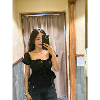 (Morningdudu) Áo babydoll nữ nhún eo buộc nơ dáng ngắn freesize - Mira Top Black