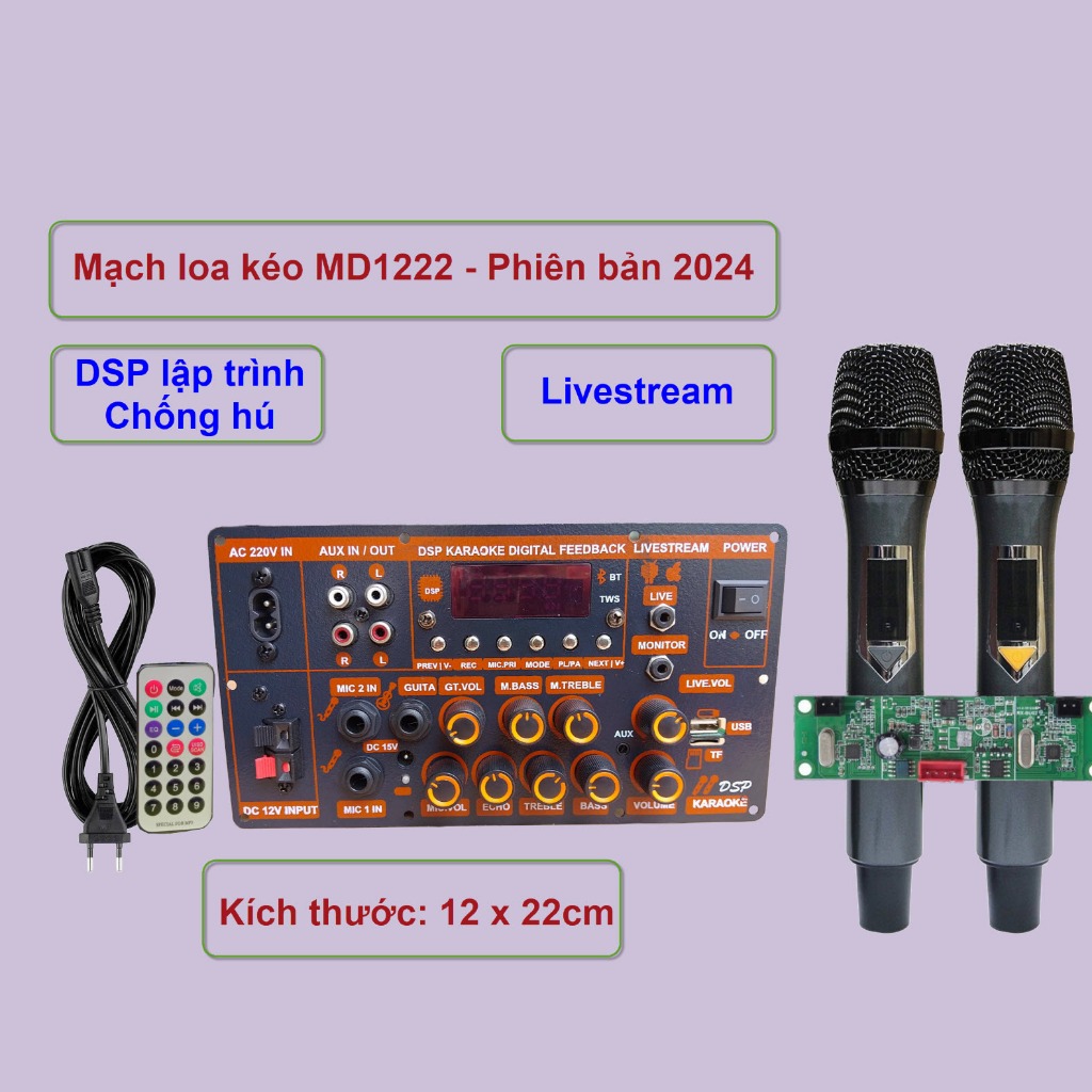 [DPA] Mạch loa kéo M1222 LIVESTREAM DSP lập trình chống hú IC MD9840 150W có nguồn xung Kèm Mic
