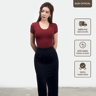 Áo Ngắn Tay Nữ Cổ Oval Dáng Thường BUSY Thun Tăm Rayon Co Giãn Ôm Sát NT20T