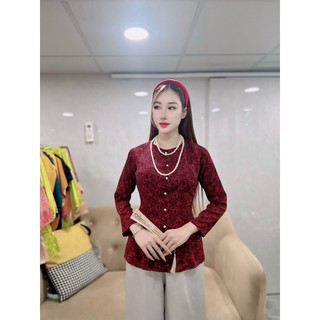 B.a110 - bộ áo bà ba lụa in hoa lá cài nút cổ tròn - hân nguyễn áo bà ba