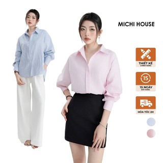 Áo Sơ Mi Nữ Oversize Oxford MICHI House Áo Dáng Rộng Dài Tay Kẻ Sọc Xanh Hồng ASM03